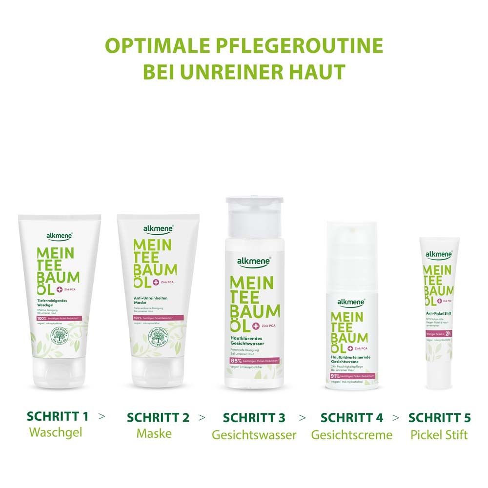 Routine de soin optimale pour peau impure. Gel lavant, masque, lotion, crème, stylo anti-boutons. Gamme de produits.