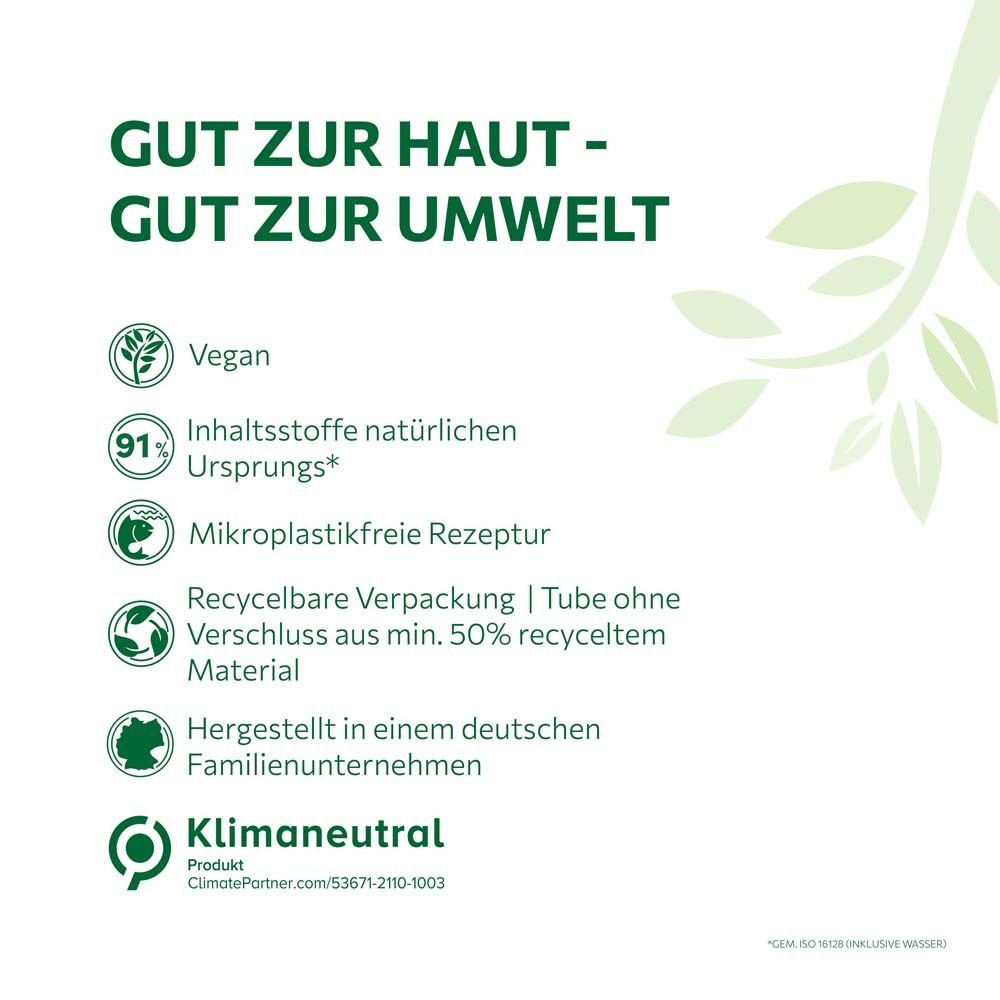 Texte: Bon pour la peau - Bon pour l'environnement. Vegan, 91% ingrédients naturels, sans microplastiques, recyclable, neutre en carbone.