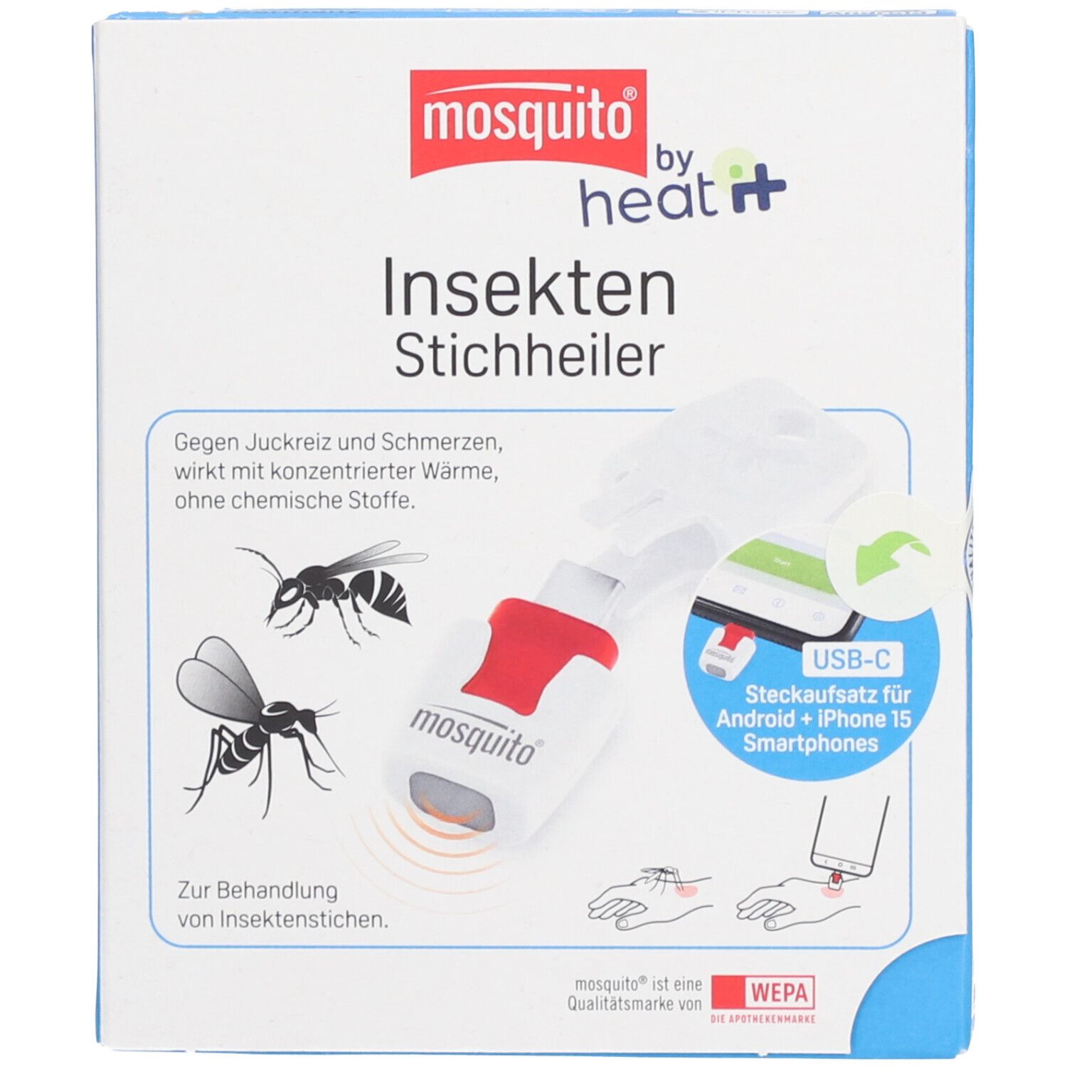 Emballage du dispositif contre les piqûres d'insectes. Nom et logo du produit. Illustrations d'insectes. Adaptateur USB-C pour smartphones.