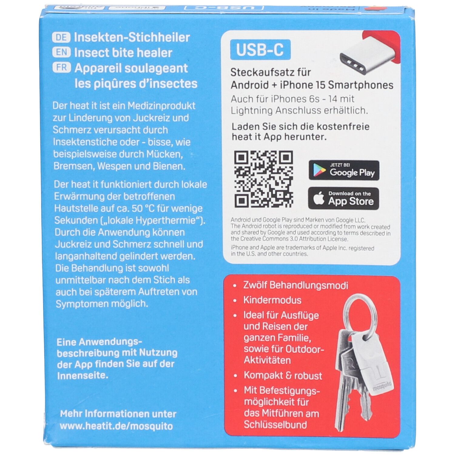 Dos de l'emballage. Texte en allemand, anglais et français. Adaptateur USB-C. Code QR pour le téléchargement de l'application. Porte-clés.
