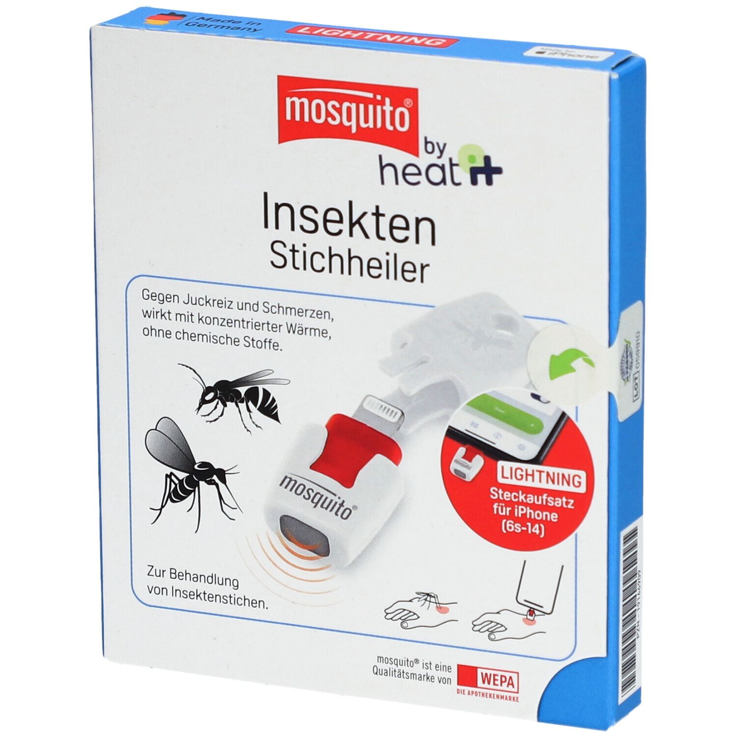 Emballage du dispositif contre les piqûres d'insectes. Contient le dispositif et l'adaptateur Lightning. Texte: mosquito by heat it, Insekten Stichheiler.