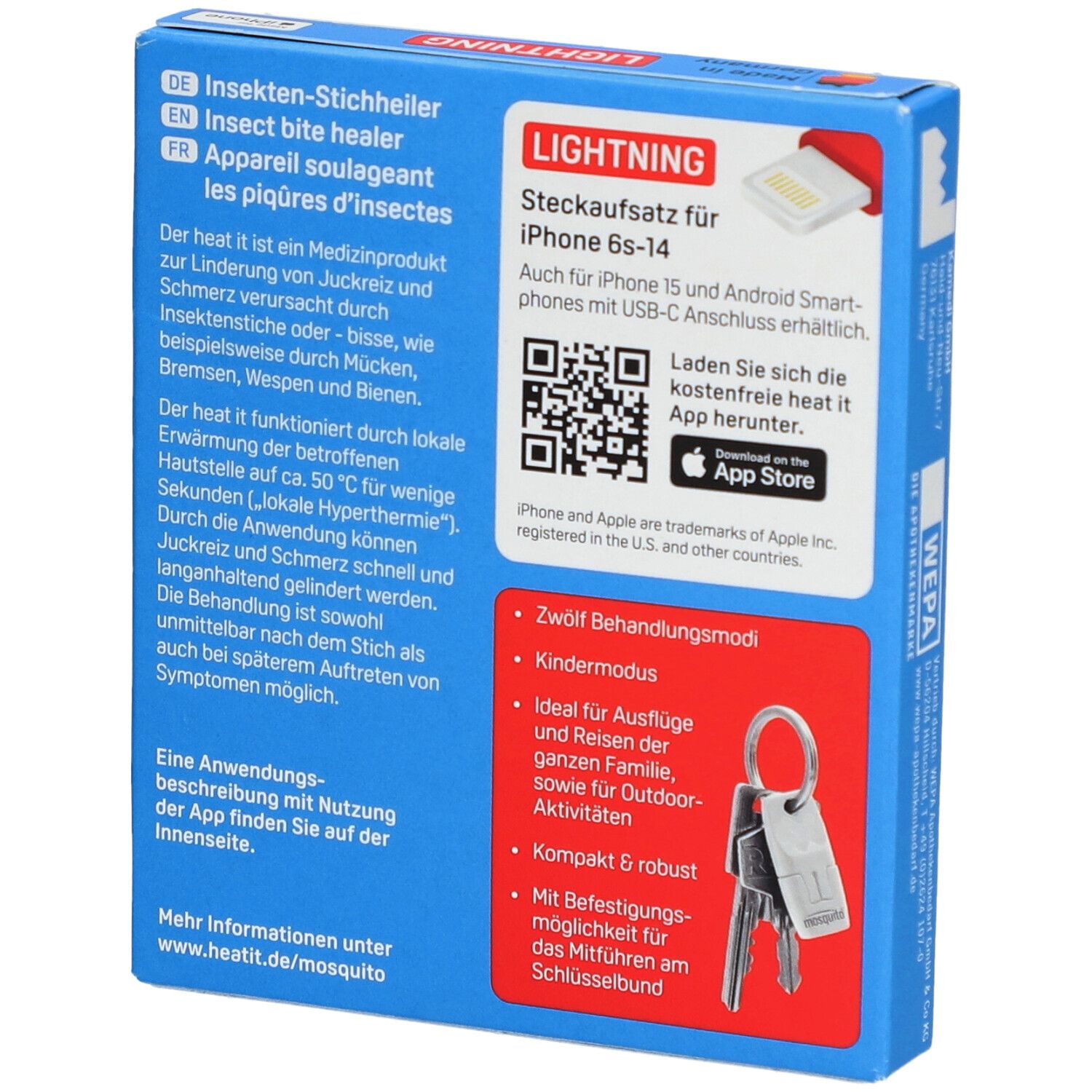 Dos de l'emballage du dispositif contre les piqûres d'insectes. Contient des informations et un code QR. Texte: Insekten-Stichheiler, Lightning Stecksatz.