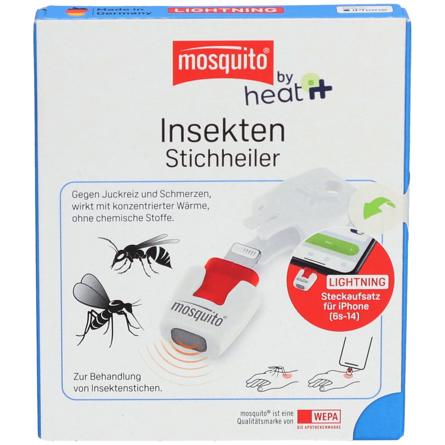 Vue de face de l'emballage du dispositif contre les piqûres d'insectes. Montre le produit et le texte: mosquito by heat it, Insekten Stichheiler.