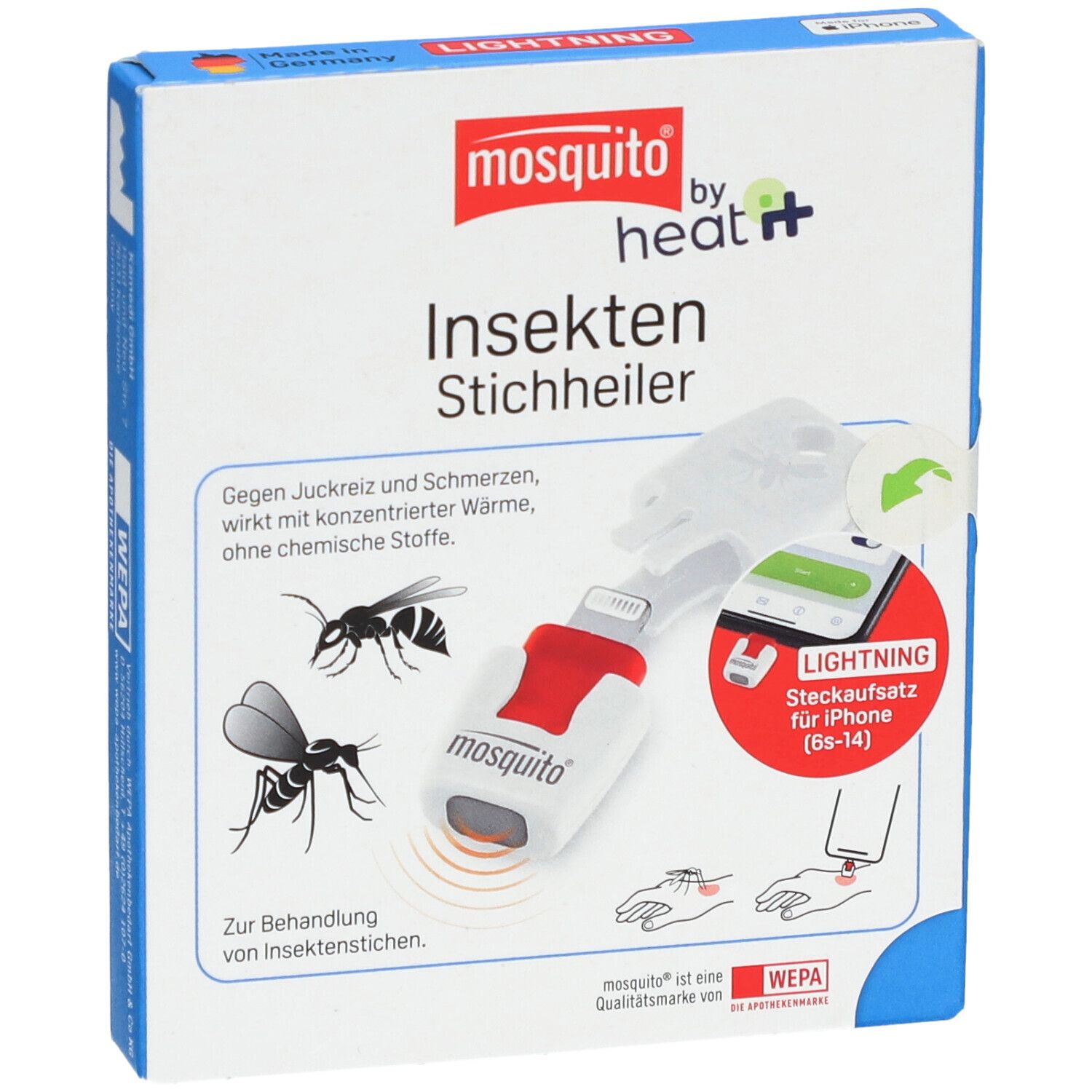 Vue de face de l'emballage du dispositif contre les piqûres d'insectes. Montre le produit et le texte: mosquito by heat it, Insekten Stichheiler.