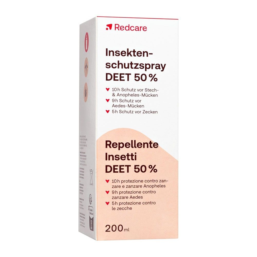 Boîte Redcare Spray Répulsif DEET 50% avec informations produit.