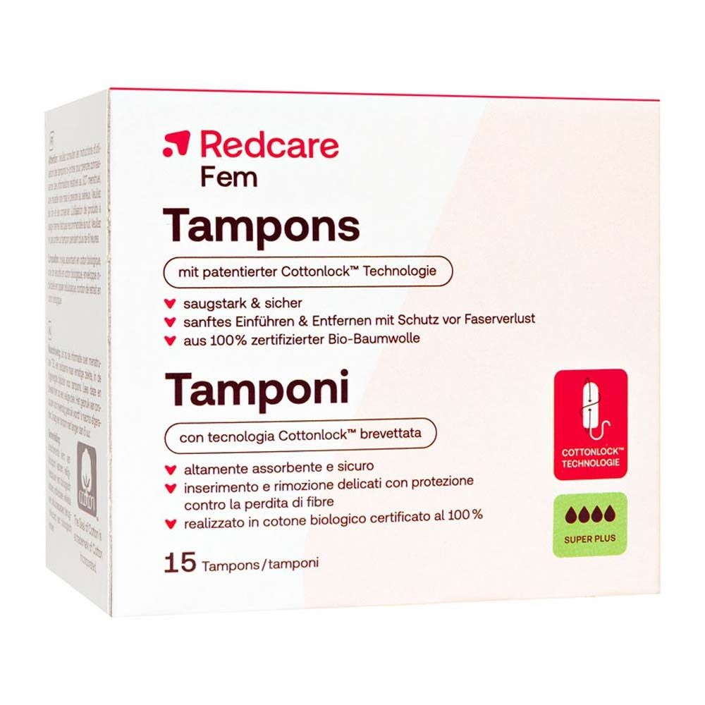 Boîte de tampons Redcare Fem. 15 tampons Super Plus. Avec technologie Cottonlock.