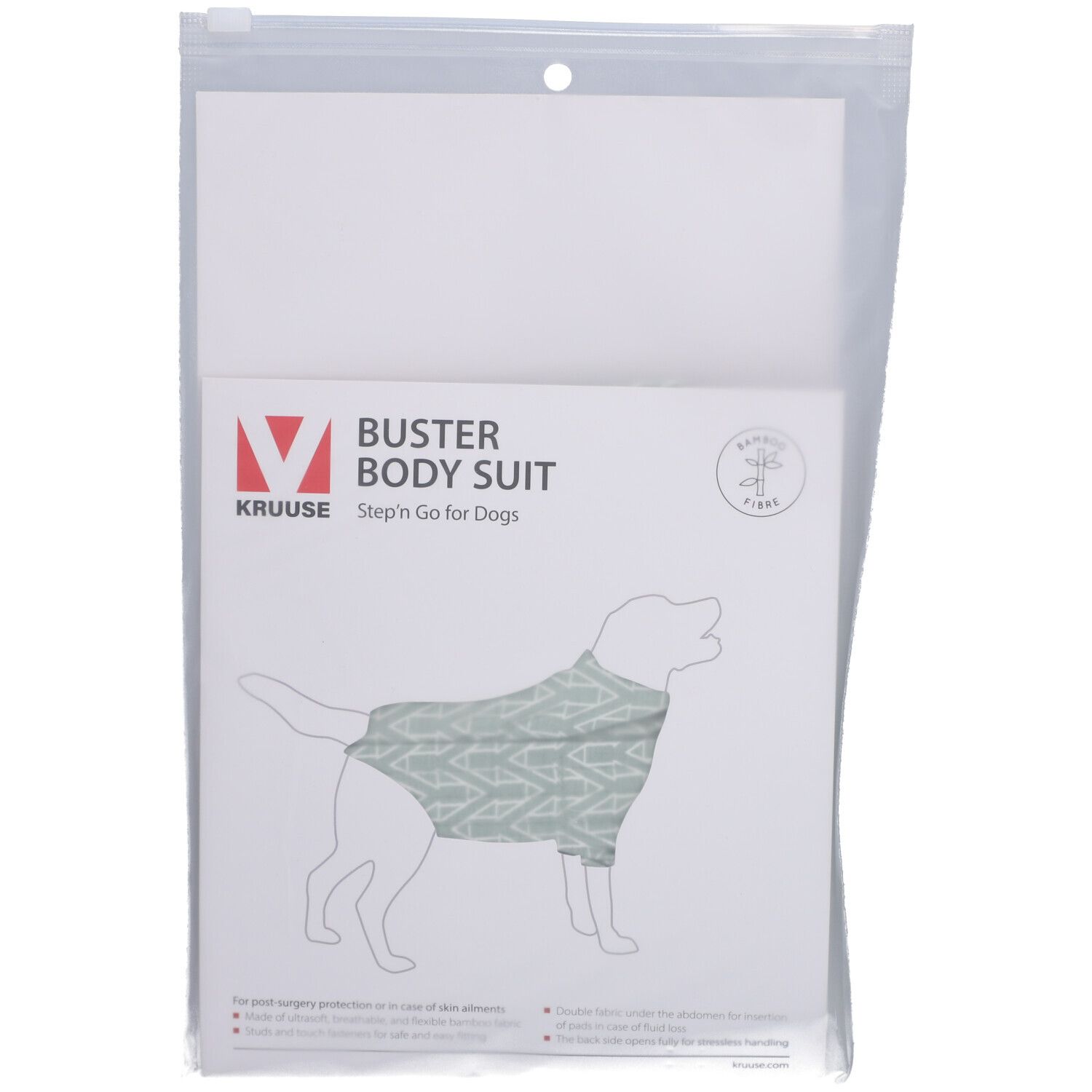 Emballage du BUSTER Body Suit. Inscription Step'n Go for Dogs. Illustration d'un chien portant le vêtement. Logo et texte.