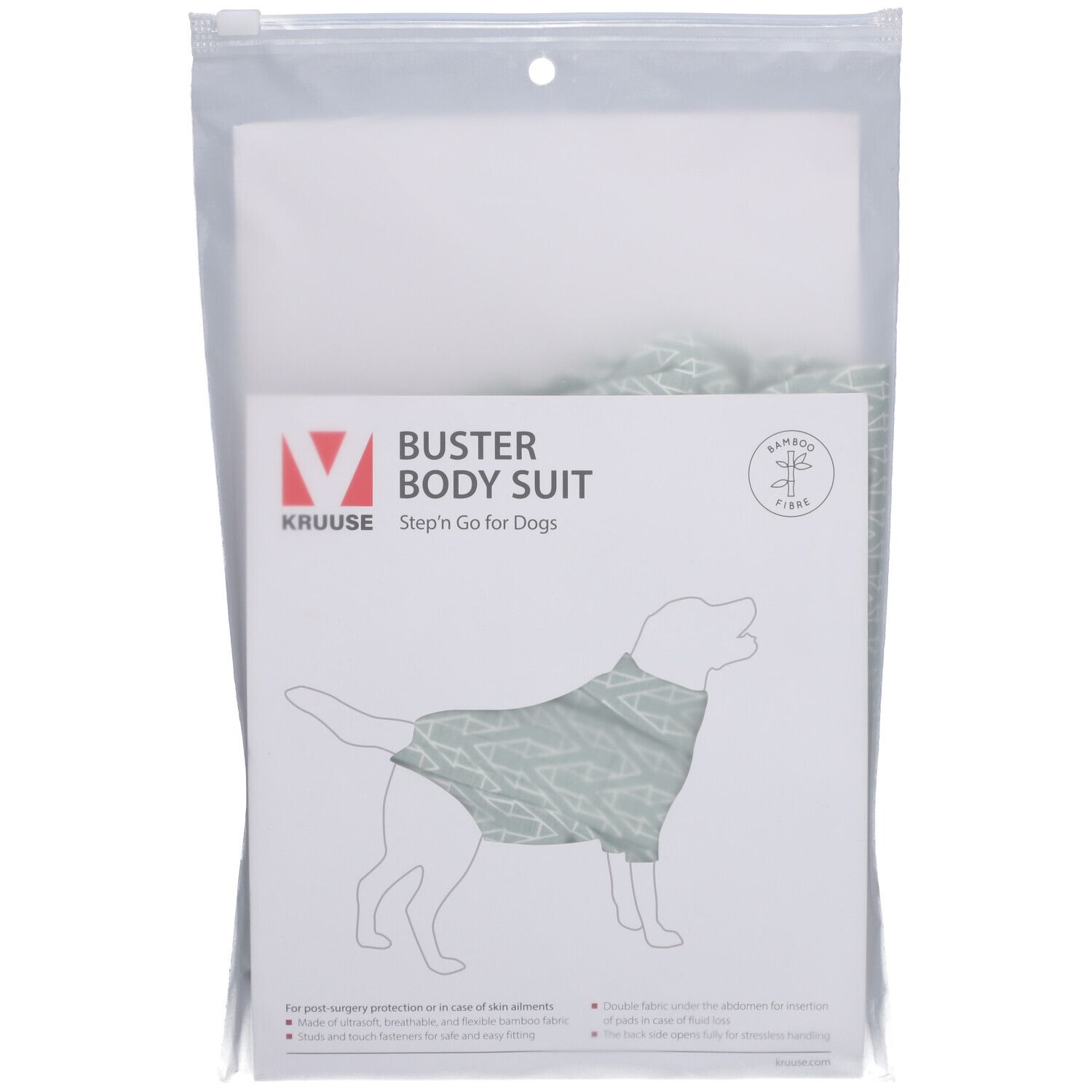 Emballage du BUSTER Body Suit. Tissu vert menthe, illustration de chien. Texte: Step'n Go for Dogs.