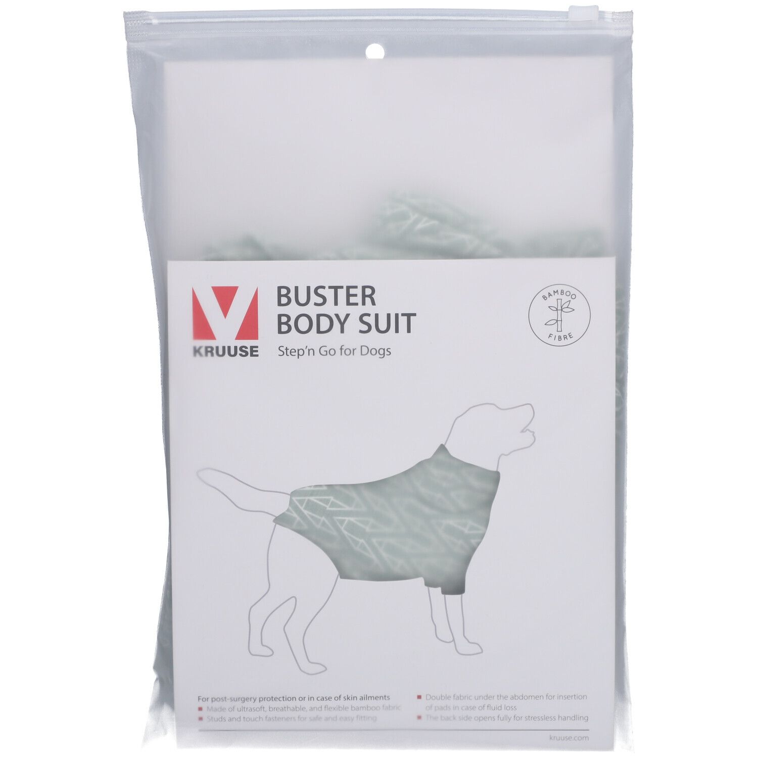 Emballage du BUSTER Body Suit. Impression: logo, nom du produit, illustration d'un chien en costume, texte.