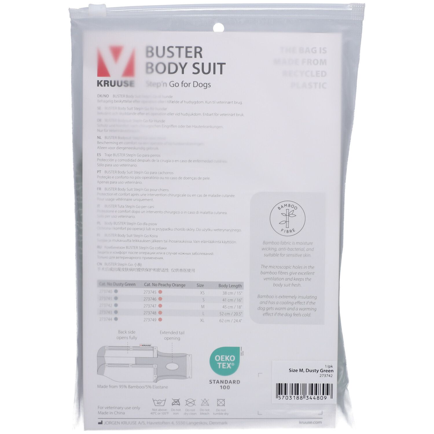 Dos de l'emballage du BUSTER Body Suit. Texte, logo, informations de taille, certification, code-barres.