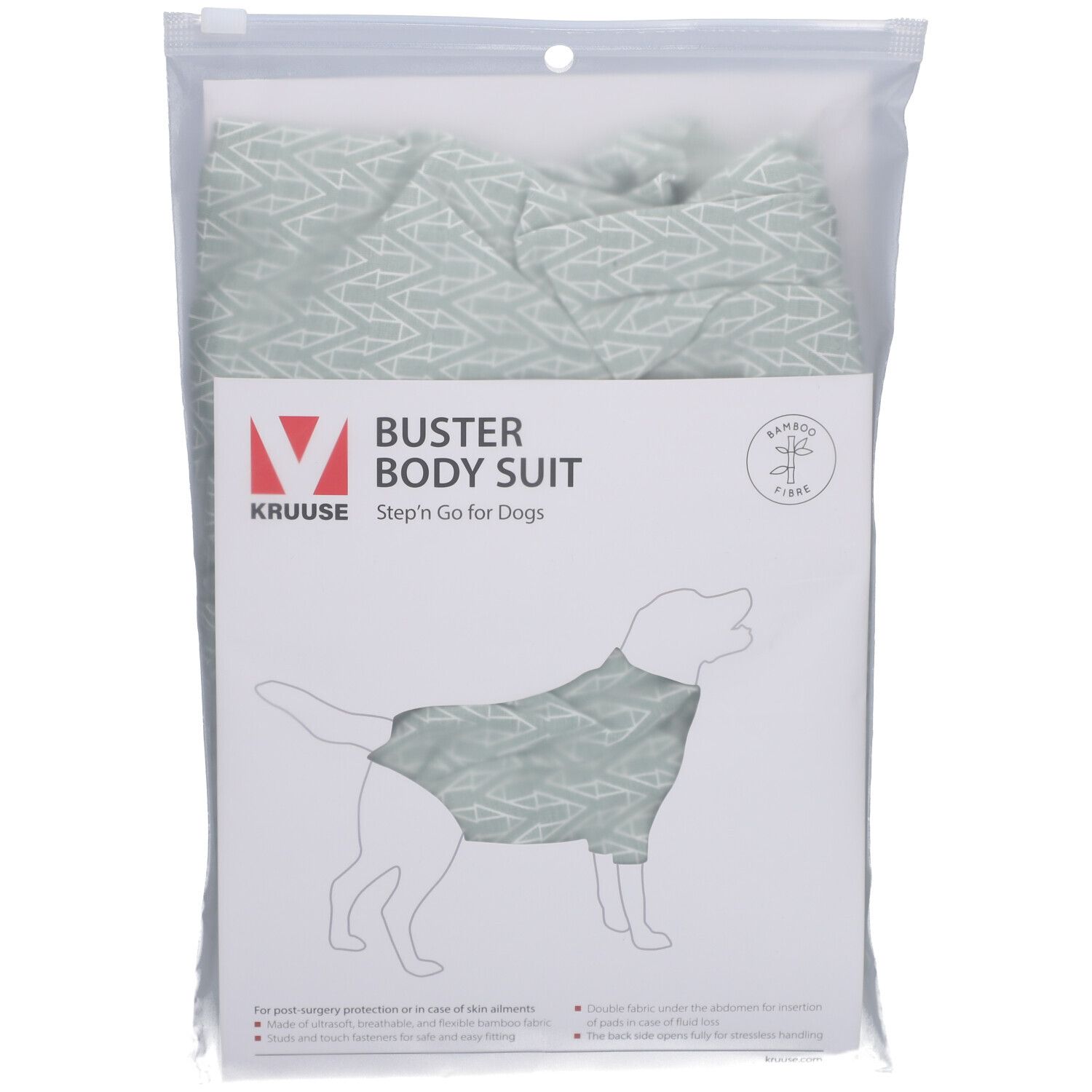 Emballage du BUSTER Body Suit. Tissu vert clair à motifs. Logo et nom du produit. Certification fibre de bambou.