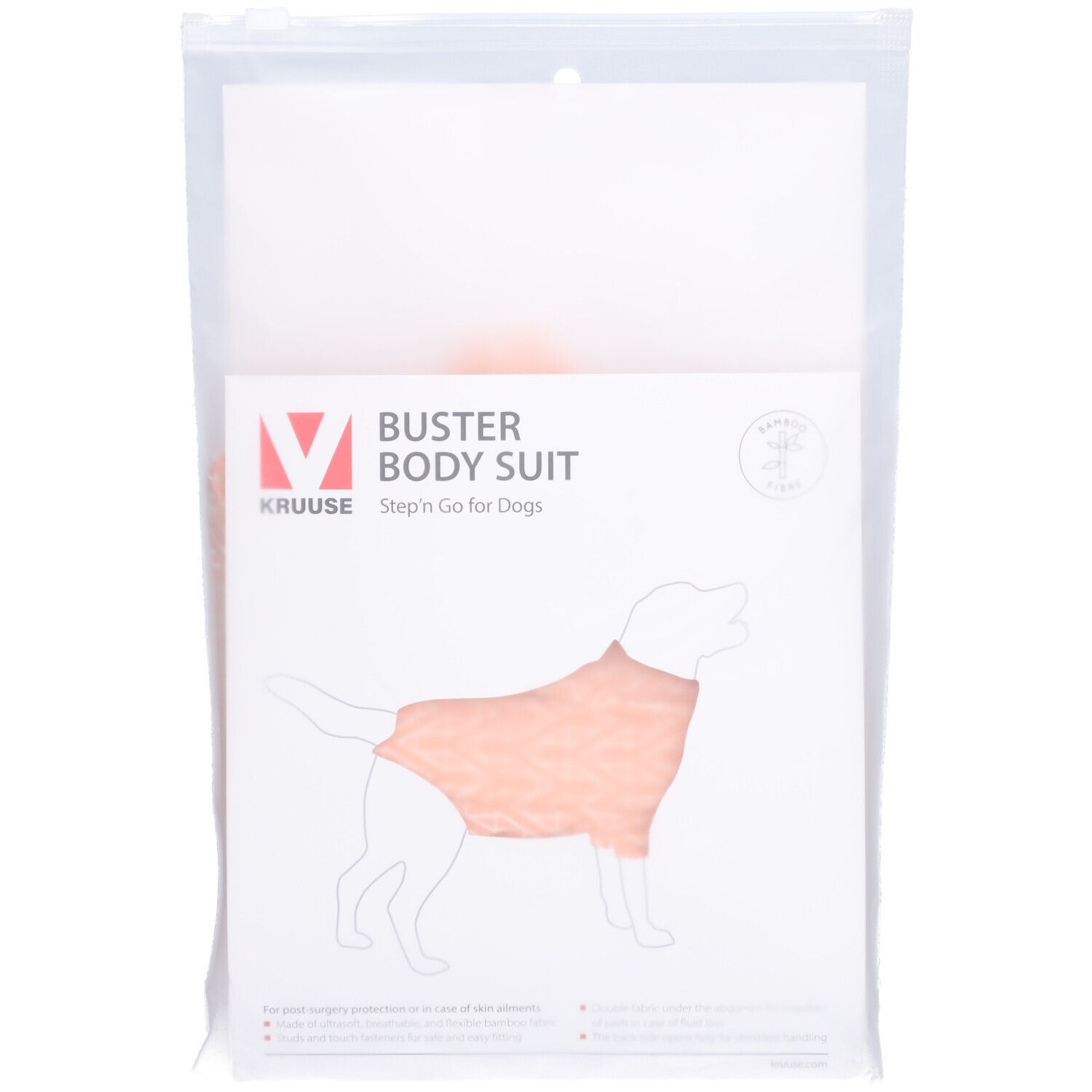 Emballage avec illustration du produit. Texte: BUSTER Body Suit, Step'n Go for Dogs. Logo: V, KRUUSE. Dessin du produit.