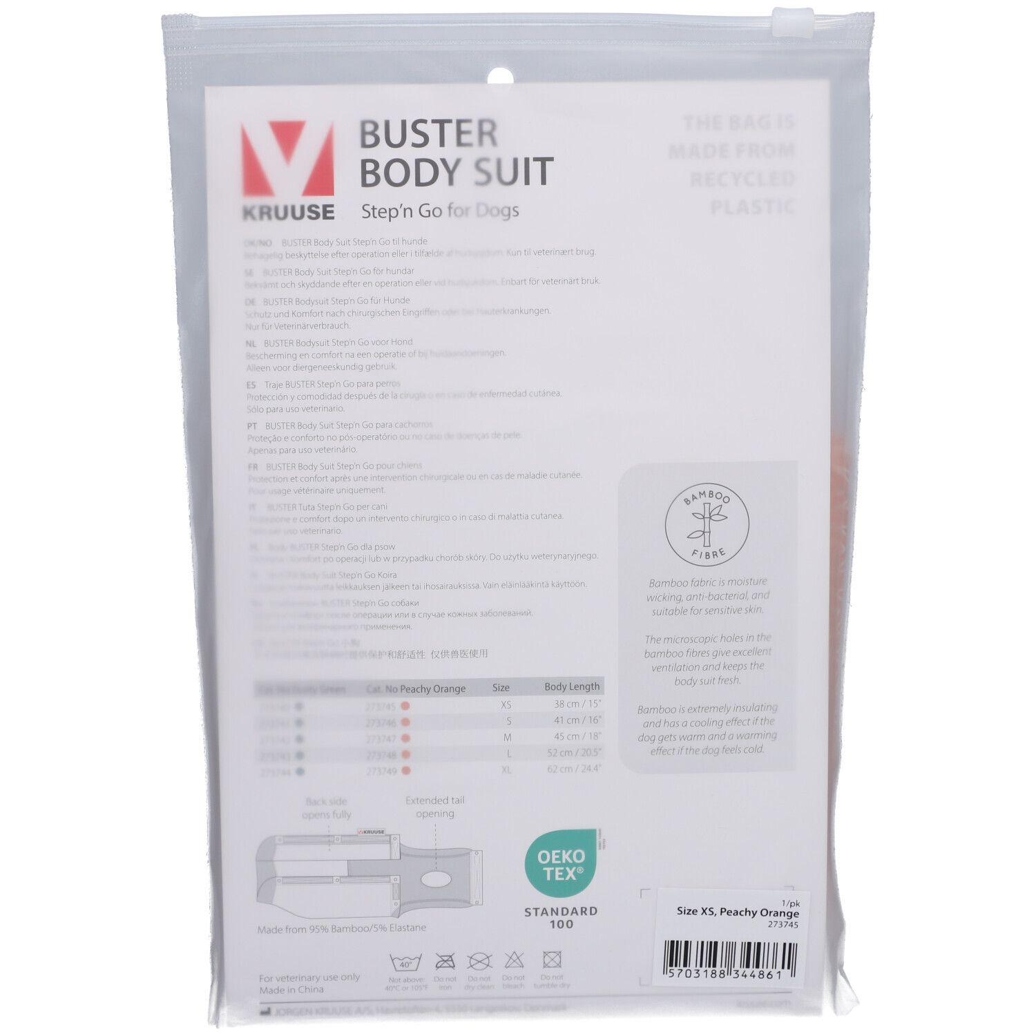 Dos de l'emballage. Texte: BUSTER Body Suit, Step'n Go for Dogs. Texte et informations de taille. Logo: Oeko-Tex. Matériau: fibre de bambou.