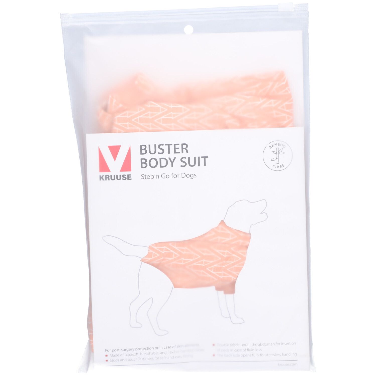 Emballage du BUSTER Body Suit. Textile rose à motifs, illustration de chien. Marque et nom du produit visibles.