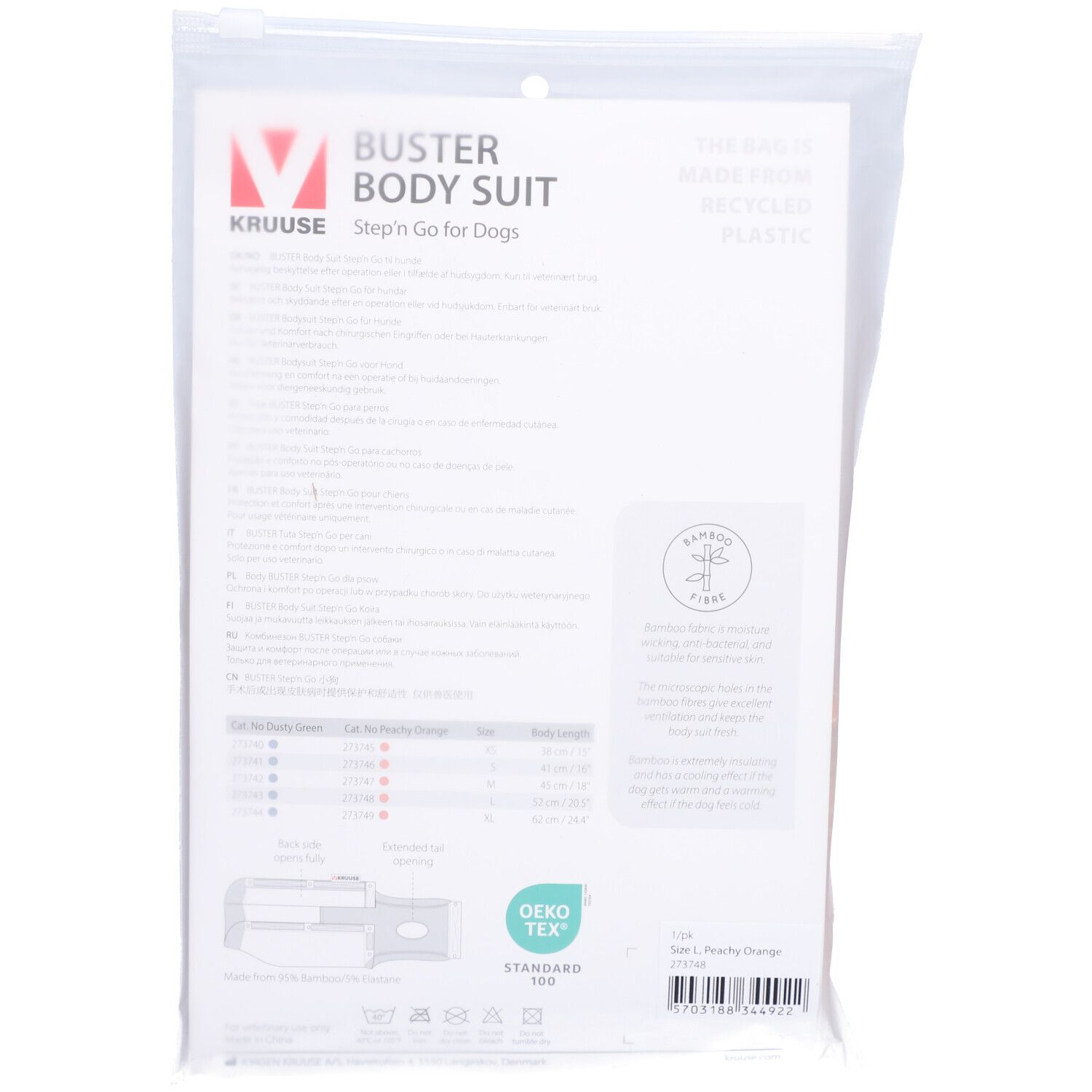 Dos de l'emballage BUSTER Body Suit. Texte et informations de taille. Logo et certification.