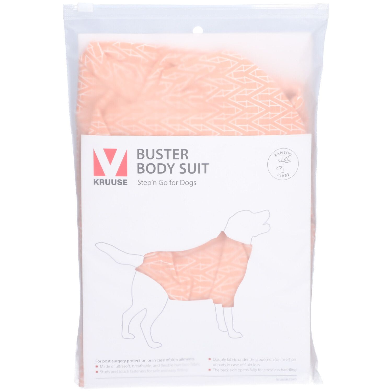Combinaison BUSTER rose dans un emballage plastique. Impression avec illustration du produit et logo. Texte: Step'n Go for Dogs.