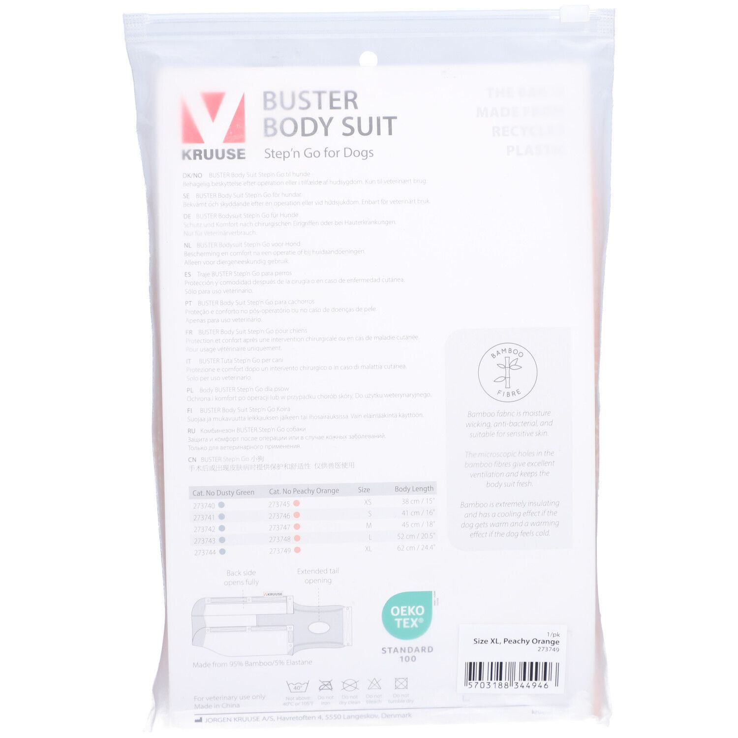 Dos de l'emballage. Texte et diagrammes avec informations de taille. Logo: BUSTER Body Suit, Step'n Go for Dogs. Texte: Oeko-Tex Standard 100.