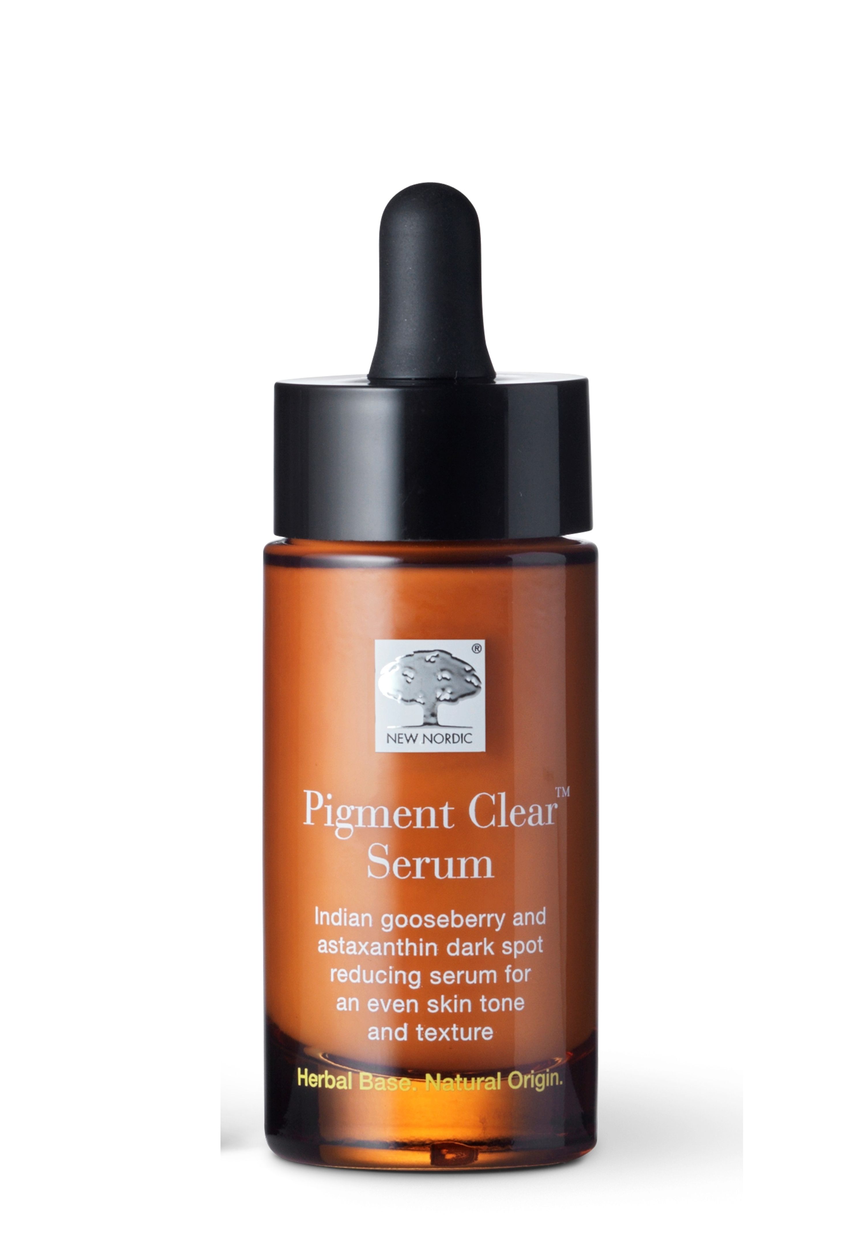Flacon de sérum marron avec bouchon noir et pipette. Nom et logo du produit visibles. Texte : Indian gooseberry and astaxanthin dark spot reducing serum.