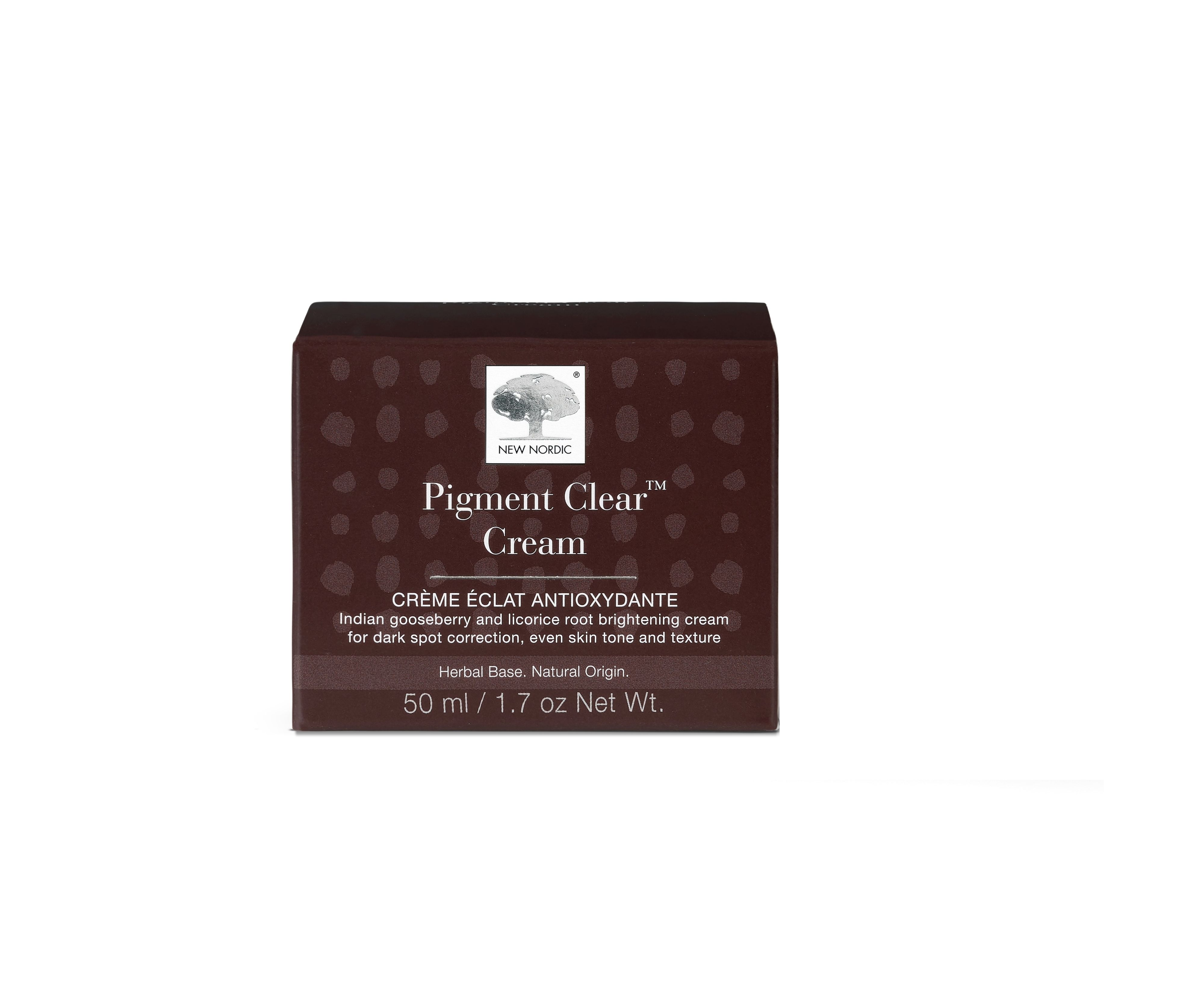 Boîte marron avec Pigment Clear™ Cream. Texte: Crème éclat antioxydante. 50 ml / 1,7 oz Net Wt.