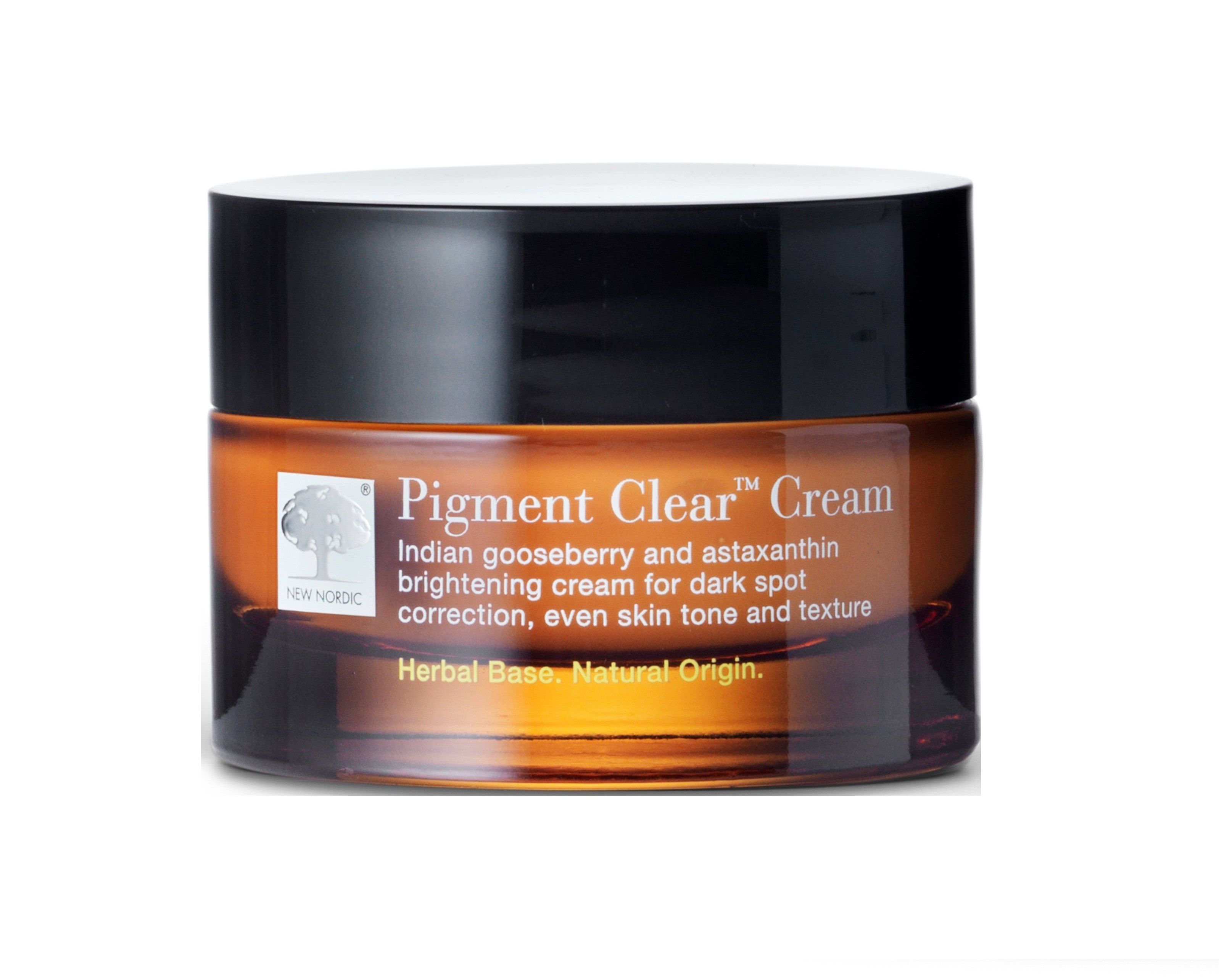 Pot de crème brun avec couvercle noir. Nom du produit: Pigment Clear™ Cream. Texte: Indian gooseberry and astaxanthin brightening cream.