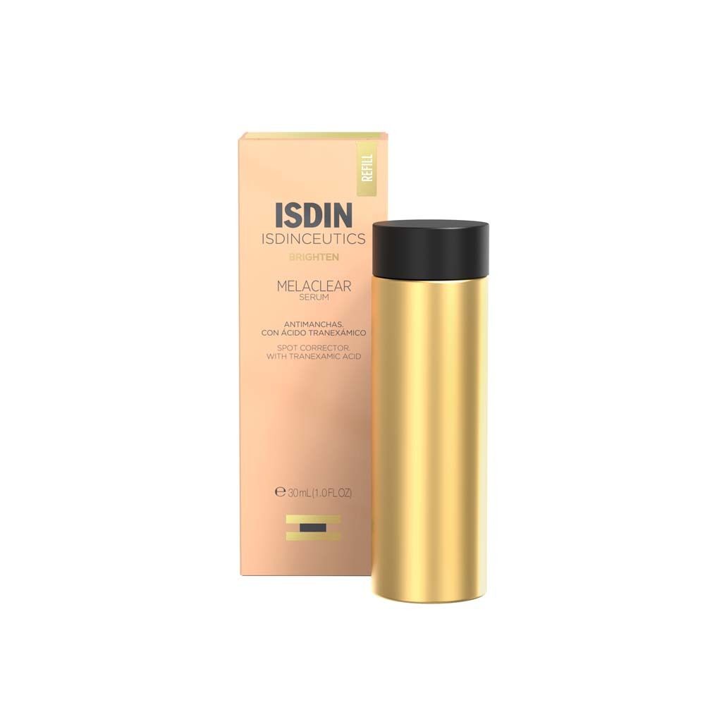 Flacon doré avec bouchon noir et emballage. L'emballage indique ISDIN ISDINCEUTICS Melaclear Serum.