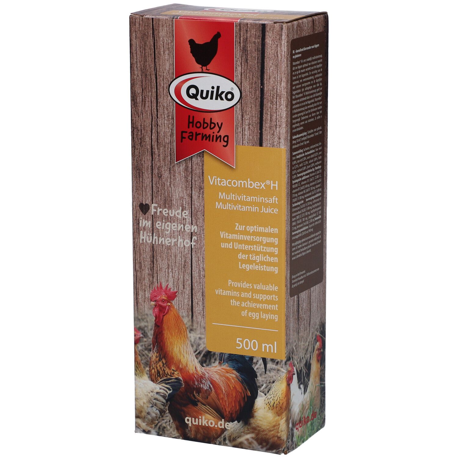 Emballage de QUIKO Hobby Farming Vitacombex H. Inscriptions : logo, nom du produit, Multivitamin Juice, 500 ml, illustrations de poulets.