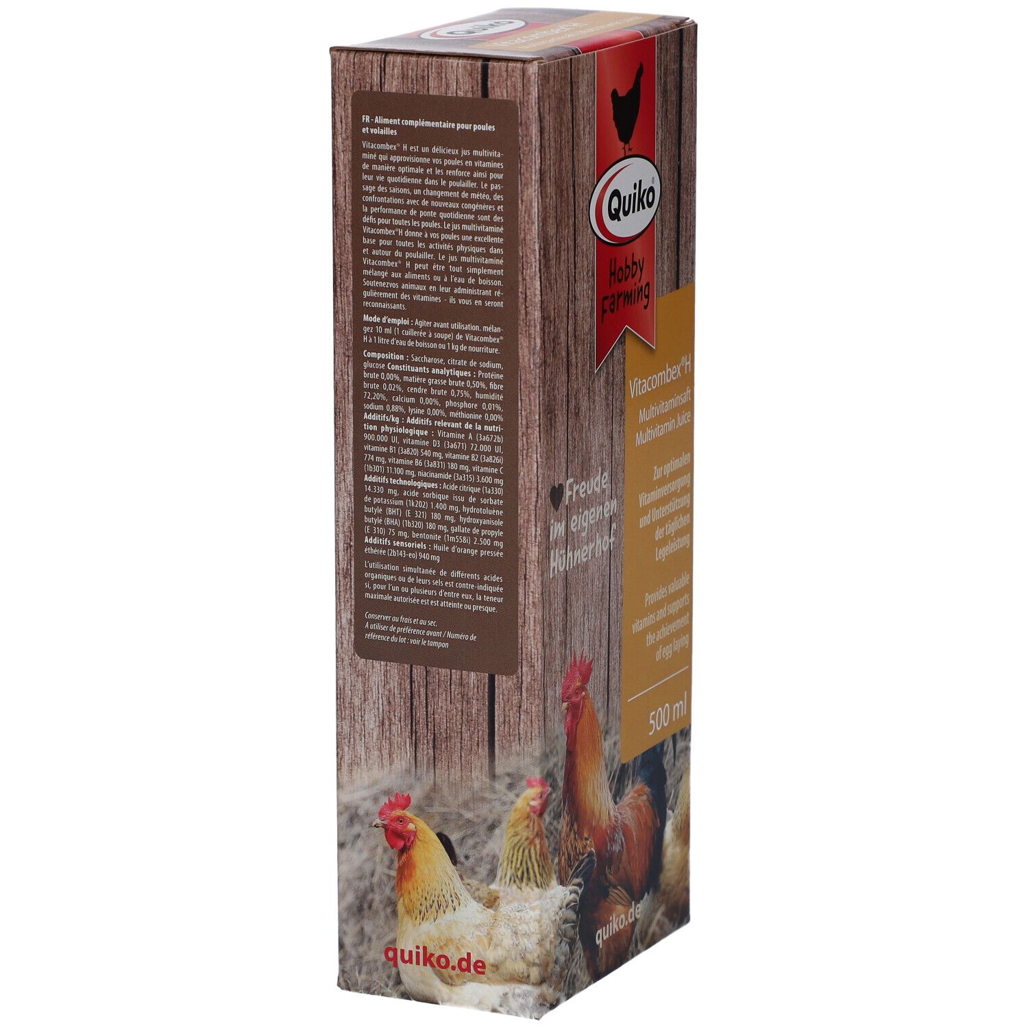 Vue latérale de l'emballage QUIKO Hobby Farming Vitacombex H. Texte et logo sur fond bois. Contient des informations sur le produit et les ingrédients.