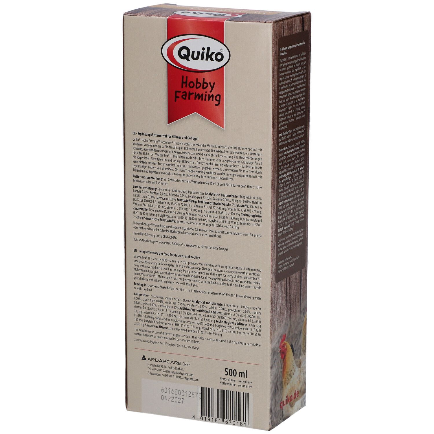 Dos de l'emballage QUIKO Hobby Farming Vitacombex H. Informations textuelles, ingrédients et logo. Indication de volume de 500 ml.