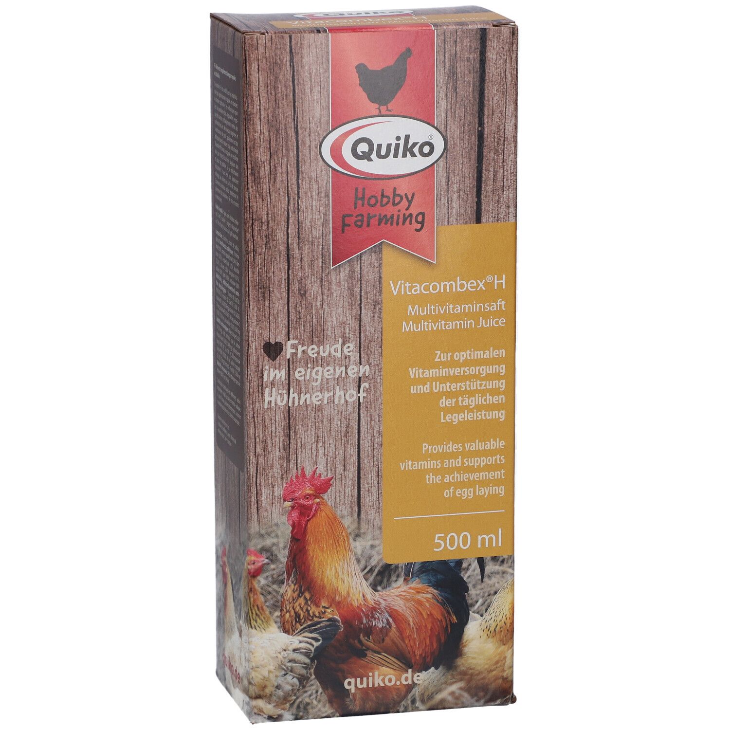 Emballage QUIKO Hobby Farming Vitacombex H. Logo, nom du produit, Multivitamin Juice, 500 ml. Illustrations de poulets et texte.