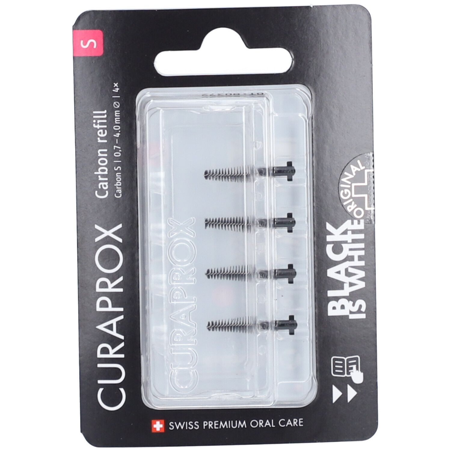 Recharge CURAPROX Carbon S, 4 brosses interdentaires. Têtes noires, emballage transparent, carte noire. Marque et logo visibles.