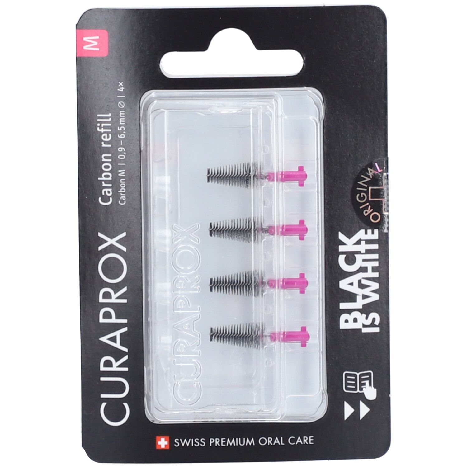 Recharge CURAPROX Carbon M, 4 brosses interdentaires en blister. Soies noires, support rose. Emballage noir et blanc.