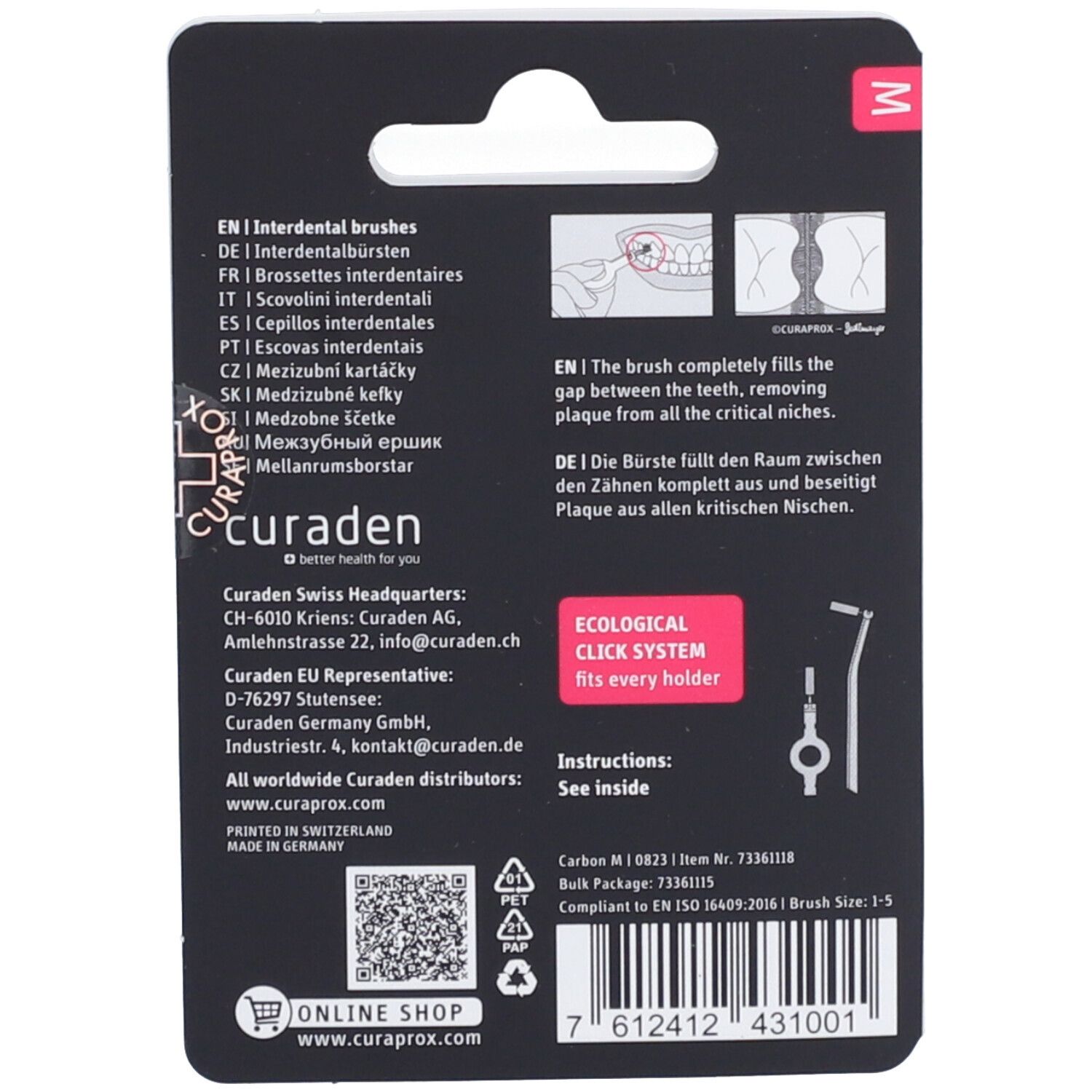Dos de l'emballage CURAPROX Carbon M. Informations sur les brosses interdentaires, coordonnées du fabricant, système de clic écologique et code-barres.