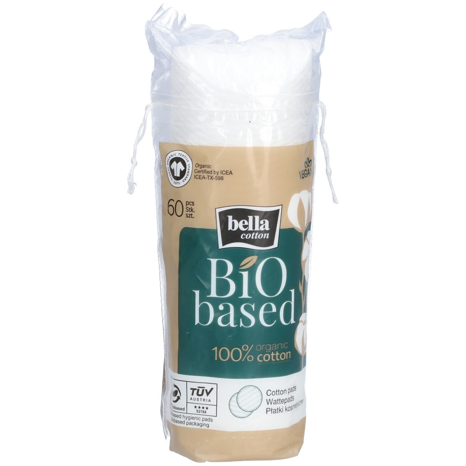 Paquet de tampons de coton. Inscription: bella cotton Bio based, 100% coton organique. 60 pièces. Vegan.