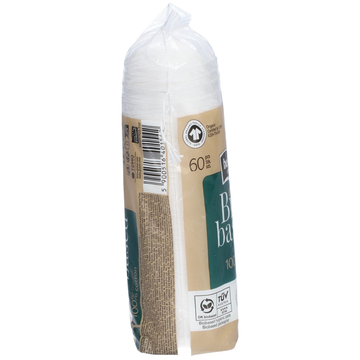 Paquet de tampons de coton. Inscription: bella cotton Bio based, 100% coton organique. 60 pièces. Vegan.