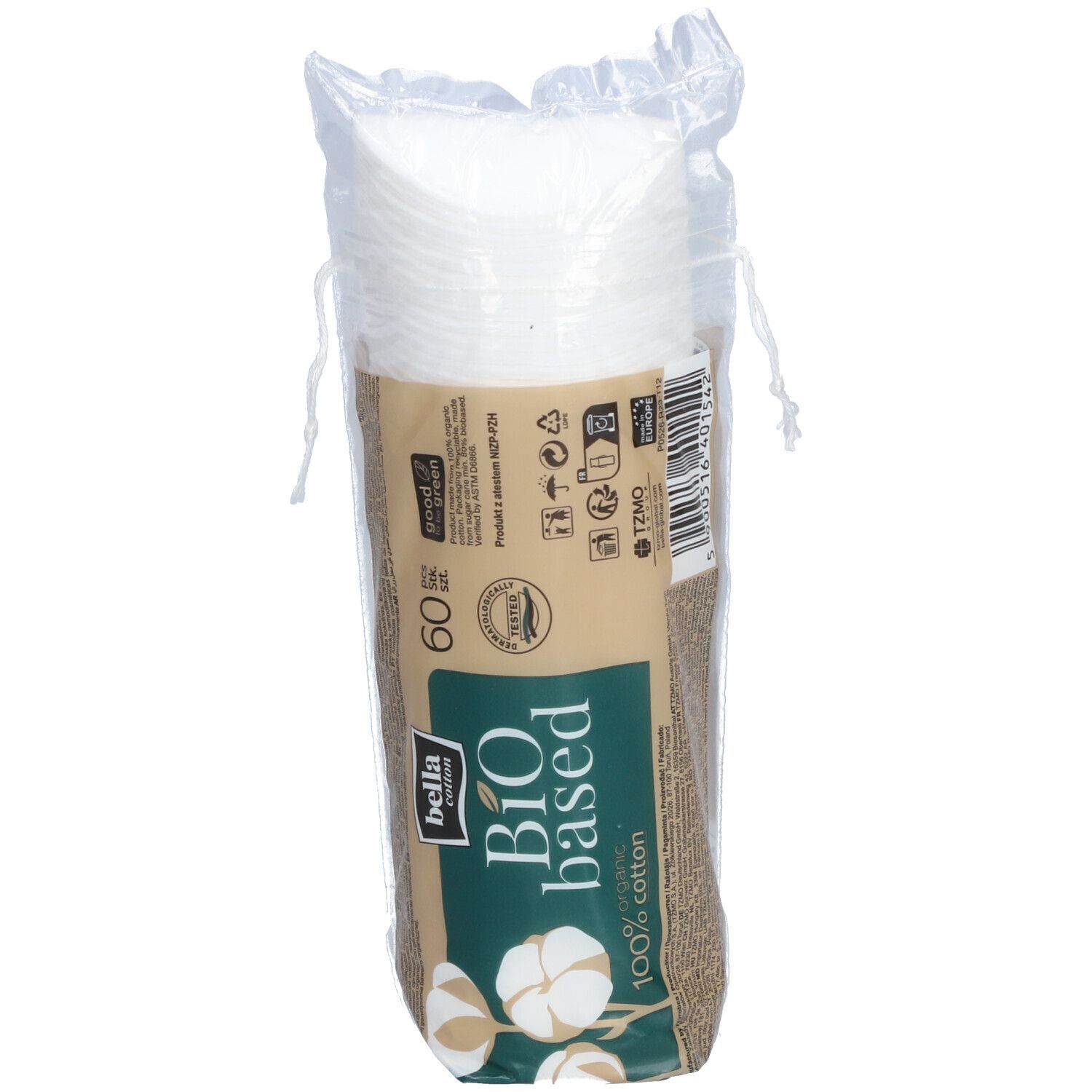 Paquet de tampons de coton. Inscription: bella cotton Bio based, 100% coton organique. 60 pièces. Vegan.