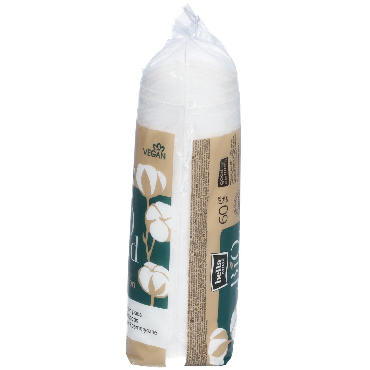 Paquet de tampons de coton. Inscription: bella cotton Bio based, 100% coton organique. 60 pièces. Vegan.