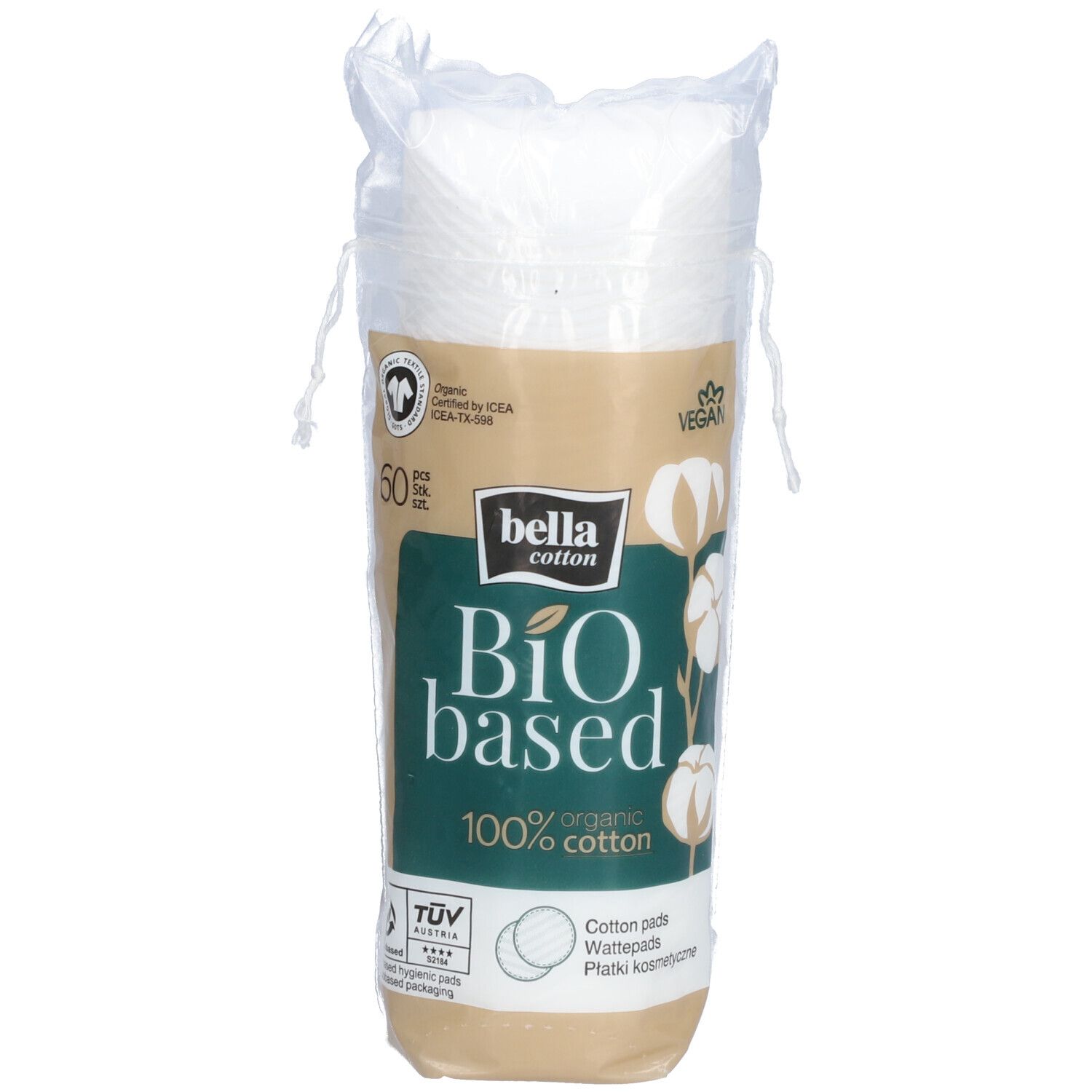 Paquet de tampons de coton. Inscription: bella cotton Bio based, 100% coton organique. 50 pièces. Vegan.