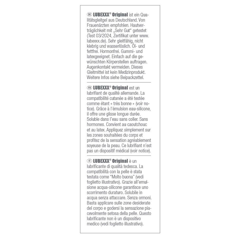 Texte sur fond blanc. Informations sur LUBEXXX® Original.