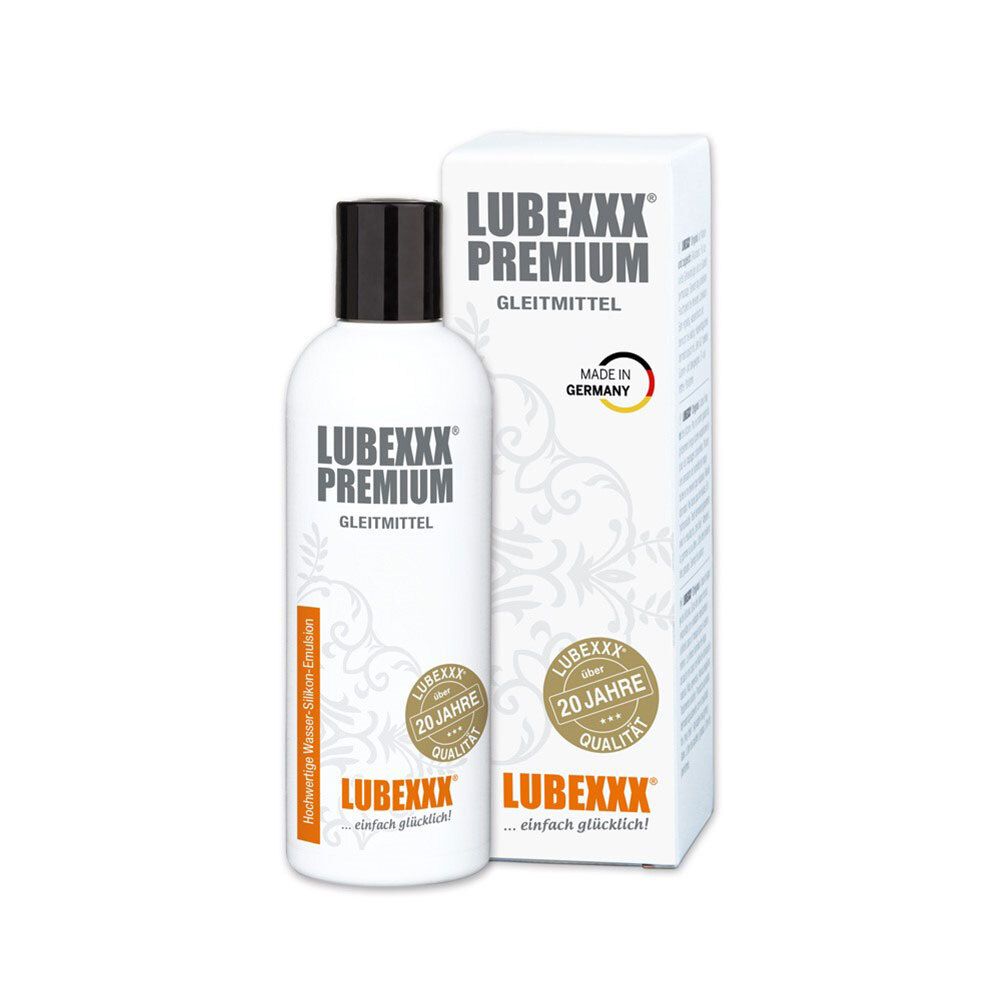 Flacon et boîte LUBEXXX® Premium. Blanc, bouchon noir. Inscriptions et logo.