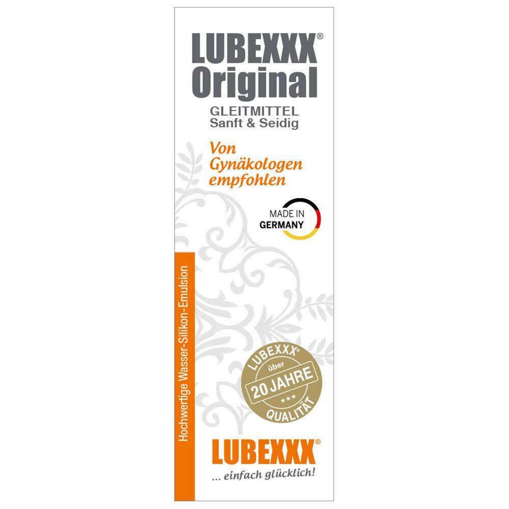 Emballage étroit LUBEXXX® Original. Blanc, avec logo, texte et sceau.