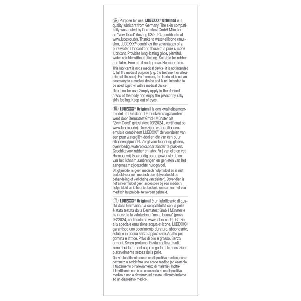 Texte sur l'emballage de LUBEXXX® Original. Description du produit et ingrédients.