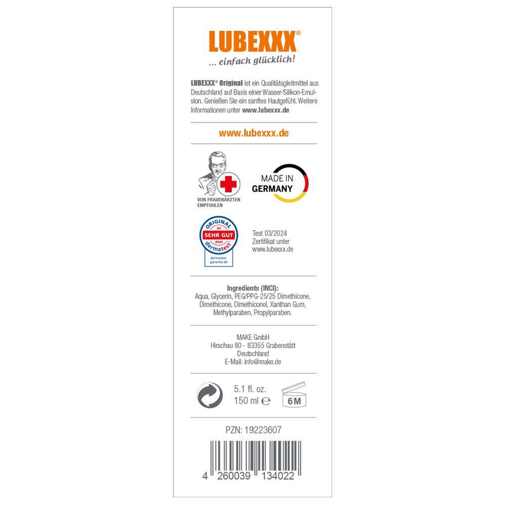 Dos de l'emballage LUBEXXX® Original. Texte, logos, ingrédients et contact.