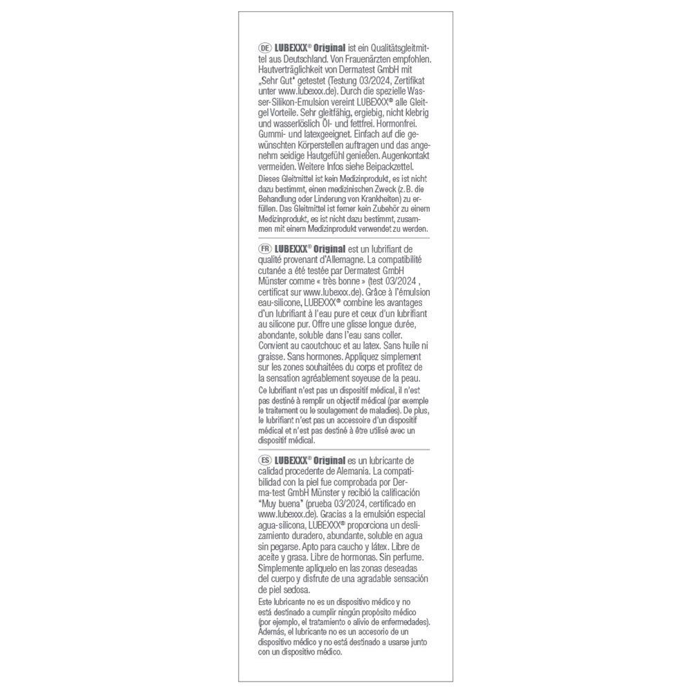 Texte sur l'emballage de LUBEXXX® Original. Description du produit et ingrédients.