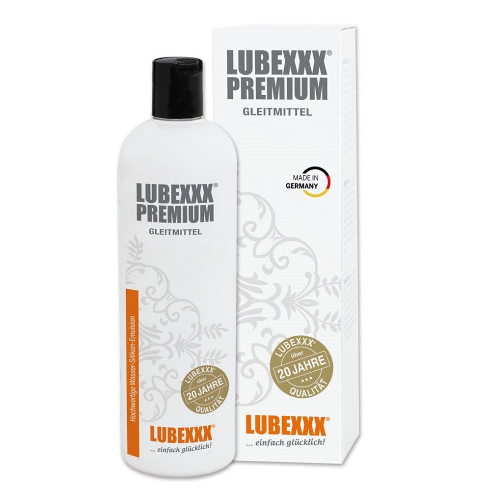 Flacon de lubrifiant LUBEXXX Premium avec emballage. Blanc, bouchon noir, accents orange, texte.