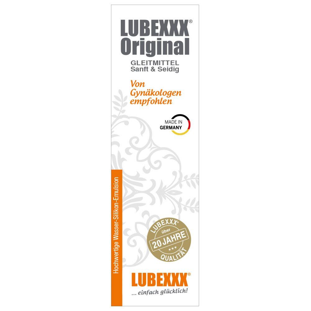 Emballage de lubrifiant LUBEXXX Original. Blanc, bouchon noir, accents orange, texte.