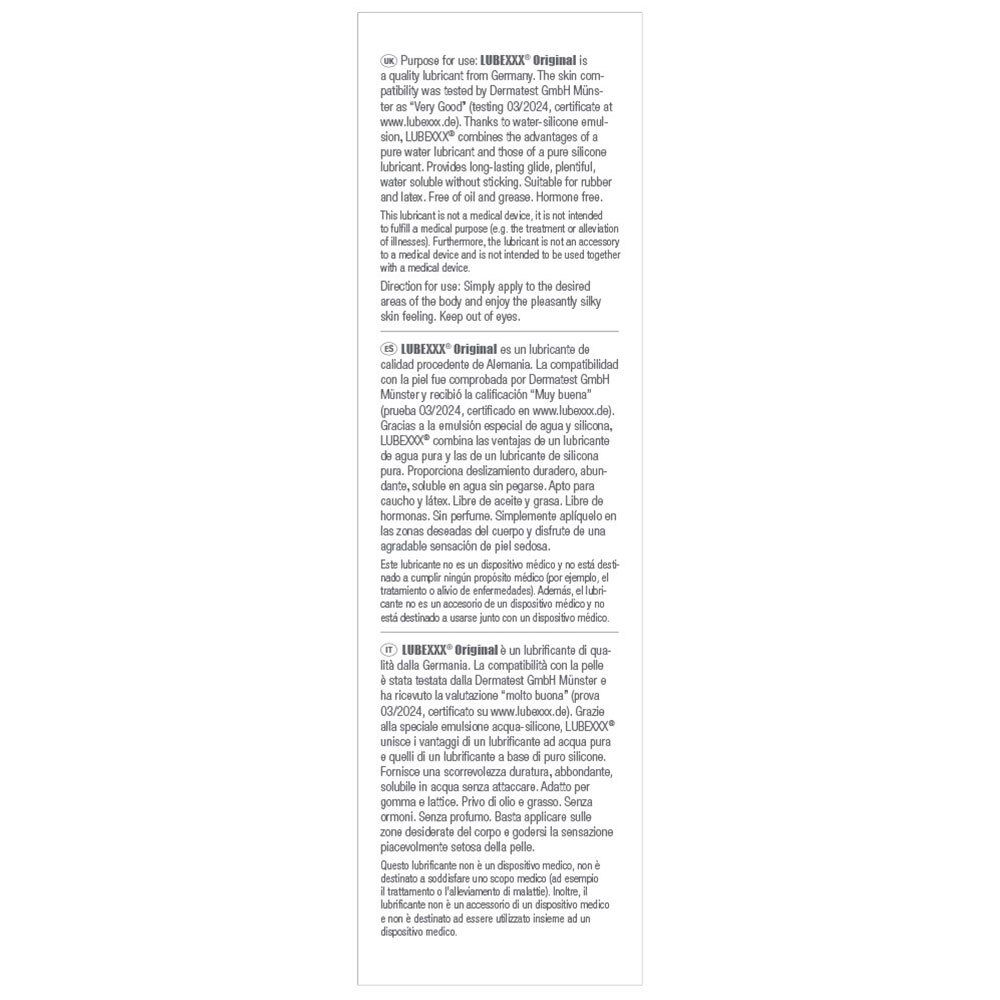 Texte au dos de l'emballage LUBEXXX Original. Informations en plusieurs langues.