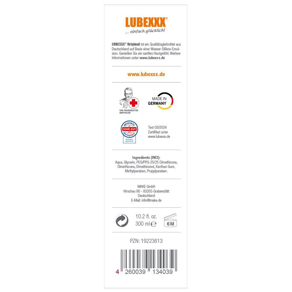 Texte au dos de l'emballage LUBEXXX Original. Informations, ingrédients, logos.