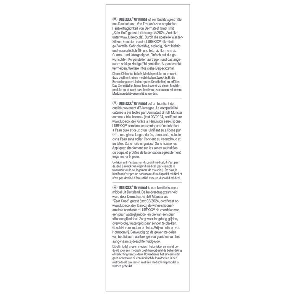 Texte au dos de l'emballage LUBEXXX Original. Informations en plusieurs langues.