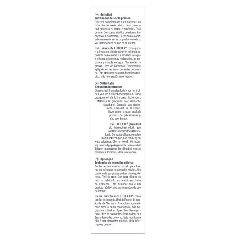 Texte sur l'emballage du set d'entraînement du plancher pelvien. Informations en plusieurs langues.