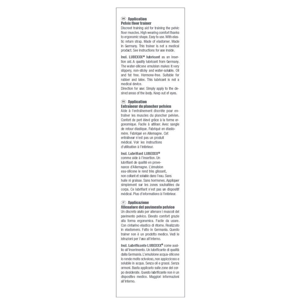 Texte sur l'emballage du set d'entraînement du plancher pelvien. Informations en plusieurs langues.